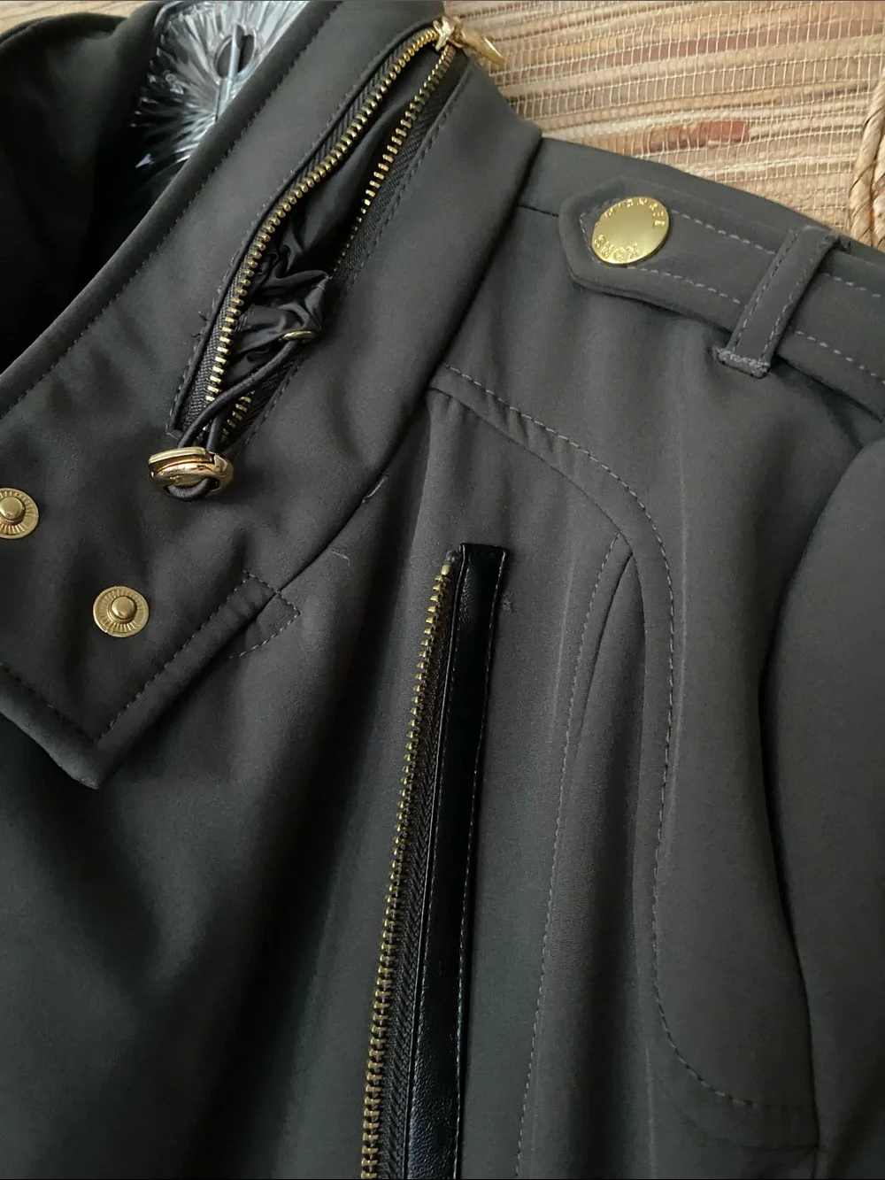 COPY MK Dark Olive Micro Fur Lined Coat Rain Resistant Stretch Hood Belt S